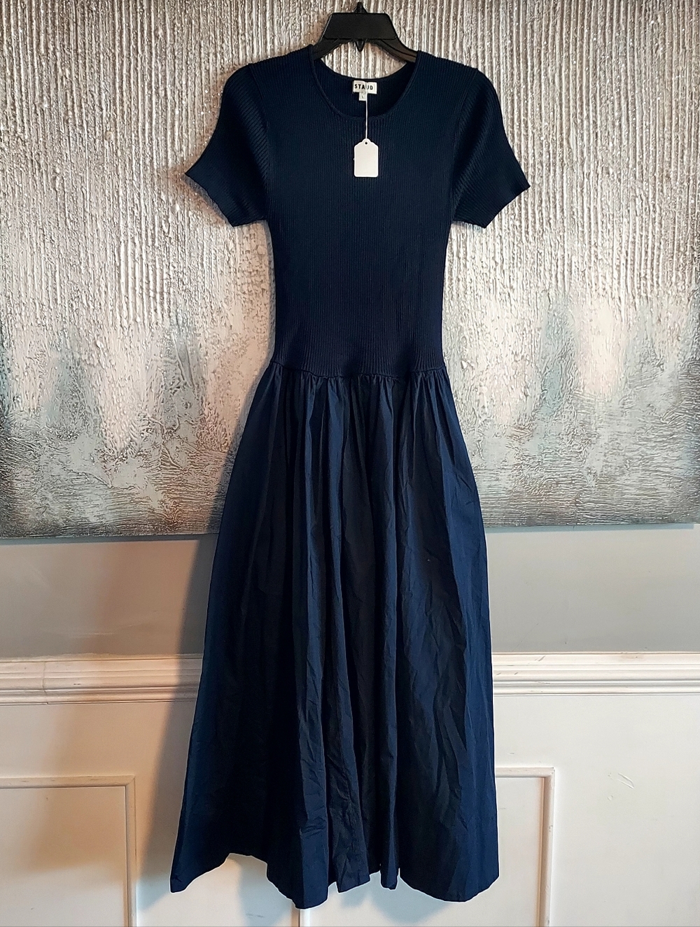 STAUD Ysabel Navy Blue Short-Sleeve Knit Bodice Long Dress With Pockets Sz-L - Picture 1 of 13